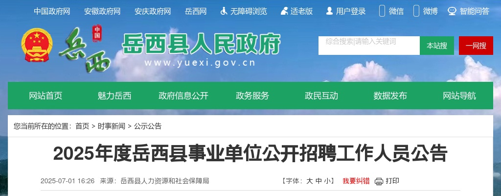 2025年安庆市岳西县事业单位公开招聘50人公告 图片