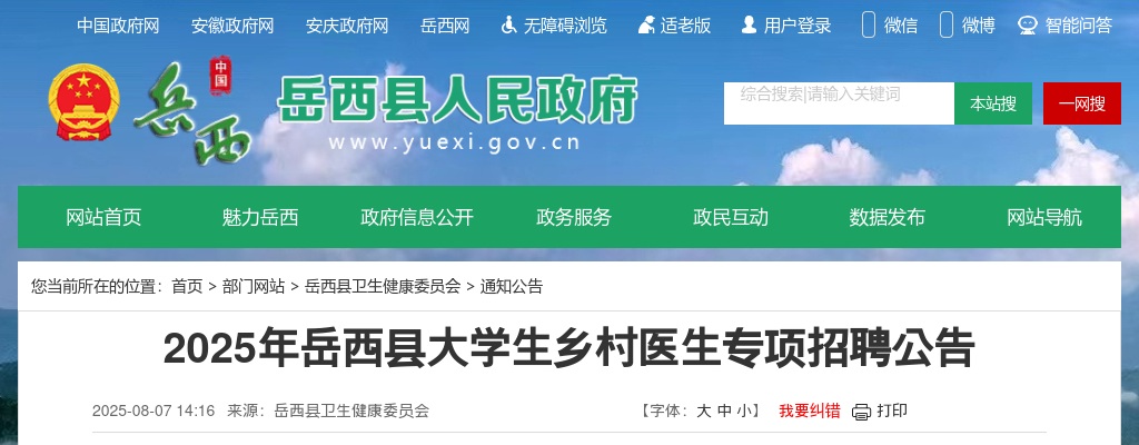 2025年安庆岳西县大学生乡村医生专项招聘2名公告 图片