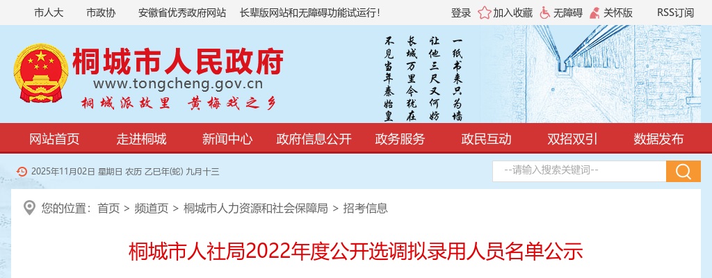2022安徽桐城市人社局选调拟录名单公示 图片