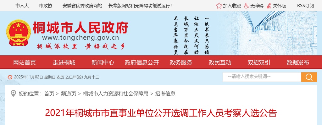 2021安徽安庆市桐城市市直事业单位选调人员考察人选公告 图片